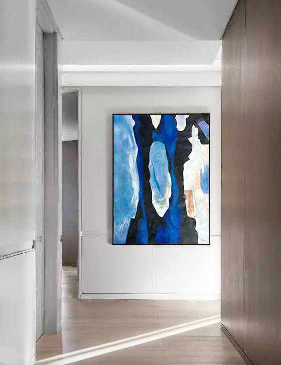 Extra Large Acrylic Painting On Canvas,Hand Painted Large Vertical Contemporary Painting On Canvas,Size Extra Large Abstract Art,Black,Blue,White,Yellow.Etc